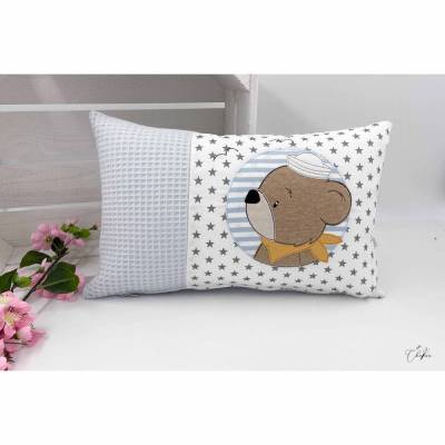 Kinderkissen mit Name, Motiv maritim Bär, Namenskissen, Kuschelkissen Waffelpique, Wunschname, Junge, Geschenkidee Gebur