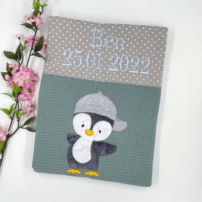 Kuscheldecke Stickdatei Pinguin, Babydecke Waffelpiqué, Baumwolle Waffelfrottee, Decke für Kinder, Geschenk zur Geburt p