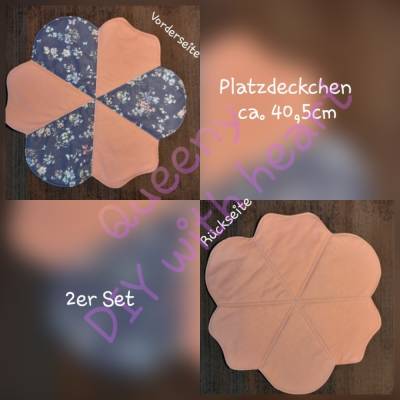 Blumige Platzdeckchen 2er Set – Koralle/Lila Blumenform, beidseitig, Handarbeit