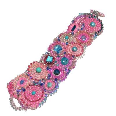 breites Armband pink rosa türkis freeform Unikat handgefertigt Glas peyote handmade boho