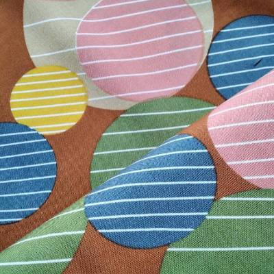 Viscosestoff, Kreise, Retro, braun, blau, grün, rosa, gelb, Breite 1,40 m, 100% Viscose