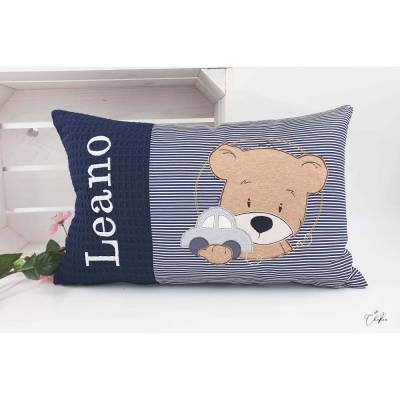 Personalisiertes Namenskissen Bär Auto – Kuschelkissen für Kinder, Geschenk zur Geburt & Taufe, Waffelpiqué