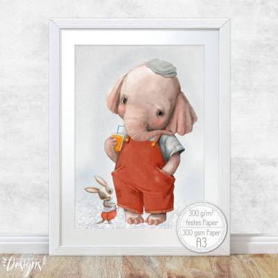 Babyzimmer Bilder [A3] Jungen Kinderzimmer Deko Tiere Elefant Poster  | Fluffy Hugs