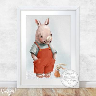 Jungen Kinderzimmer Bilder [A3] Nashorn Babyzimmer Deko Zoo Tiere Poster  | Fluffy Hugs