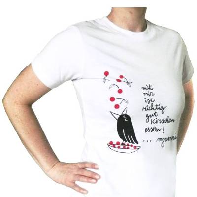 Mit mir ist richtig gut Kirschen essen... mjammi, Bio Fairtrade T-Shirt Frauen, Siebdruck handbedruckt. Gr. S.