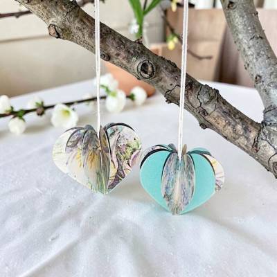 Origami Papierherzen Kugeln 3D Anhänger Set – Blau Türkis Floral, Frühlingsdeko & Ostern