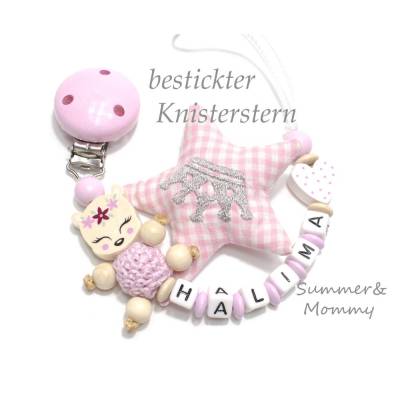Schnullerkette mit Namen Reh und Knisterstern