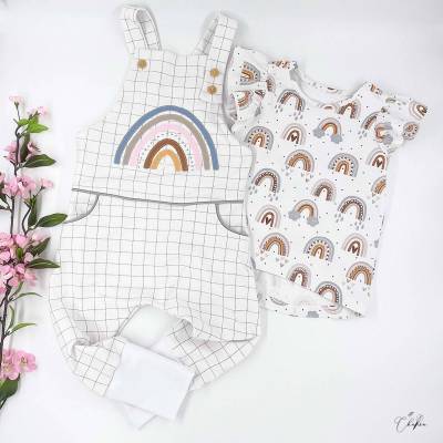 Mädchen Kleidung 98, Latzhose und Shirt mit Flügelärmel, Regenbogen Motiv, Sommer Kleidung, Frühling, Kurzarm Shirt, Hos