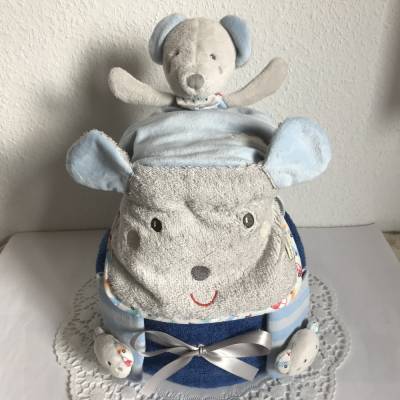 Sinnvolle Geschenke Junge Geburt Windeltorte unvergessliche Taufe Schmusetuch Rasselsöckchen Lätzchen Maus Auto blau
