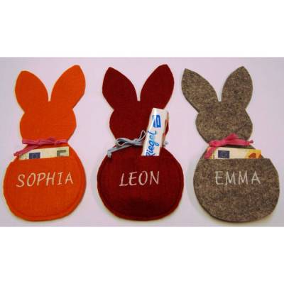 Osterhasen Filz mit Tasche personalisierbar mit Name Geldgeschenk Gutscheine-Verpackung orange dunkelrot graumeliert