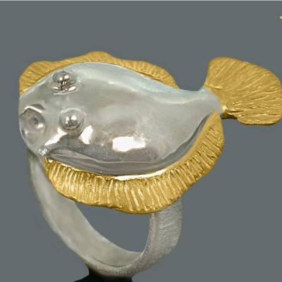 Goldschmiedering "Scholle" 925er Sterling Silber mit Teilvergoldung, Silberring, Silberschmuck, maritim, Fisch, Fische
