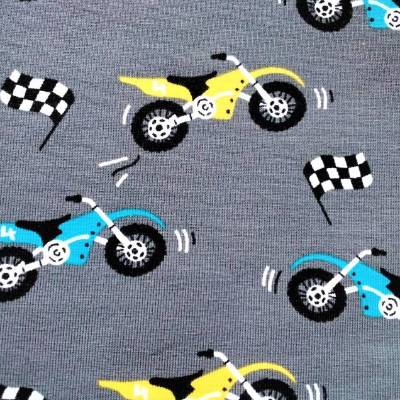 Jersey mit Motorrädern, Crossmaschinen, grau, petrol, gelb, Breite 1,50m, 95% Baumwolle, 5% Elastan