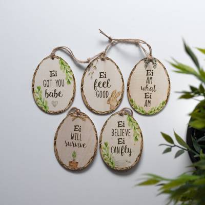 Witziges Osteranhänger Set aus Holz / Holzeier mit witzigen Sprüchen als Osterdeko, Geschenkanhänger oder Ostergeschenk