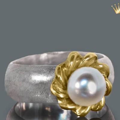 Goldschmiede Perlenring "matt paint" in 925er Sterling Silber mit Teilvergoldung