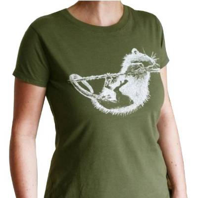 Ratte, Bio T-Shirt für Frauen, oliv. Gr. M, Siebdruck handbedruckt.