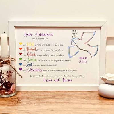 Personalisiertes Geldgeschenk zur Konfirmation – Bilderrahmen für Mädchen & Jungen mit Friedenstaube
