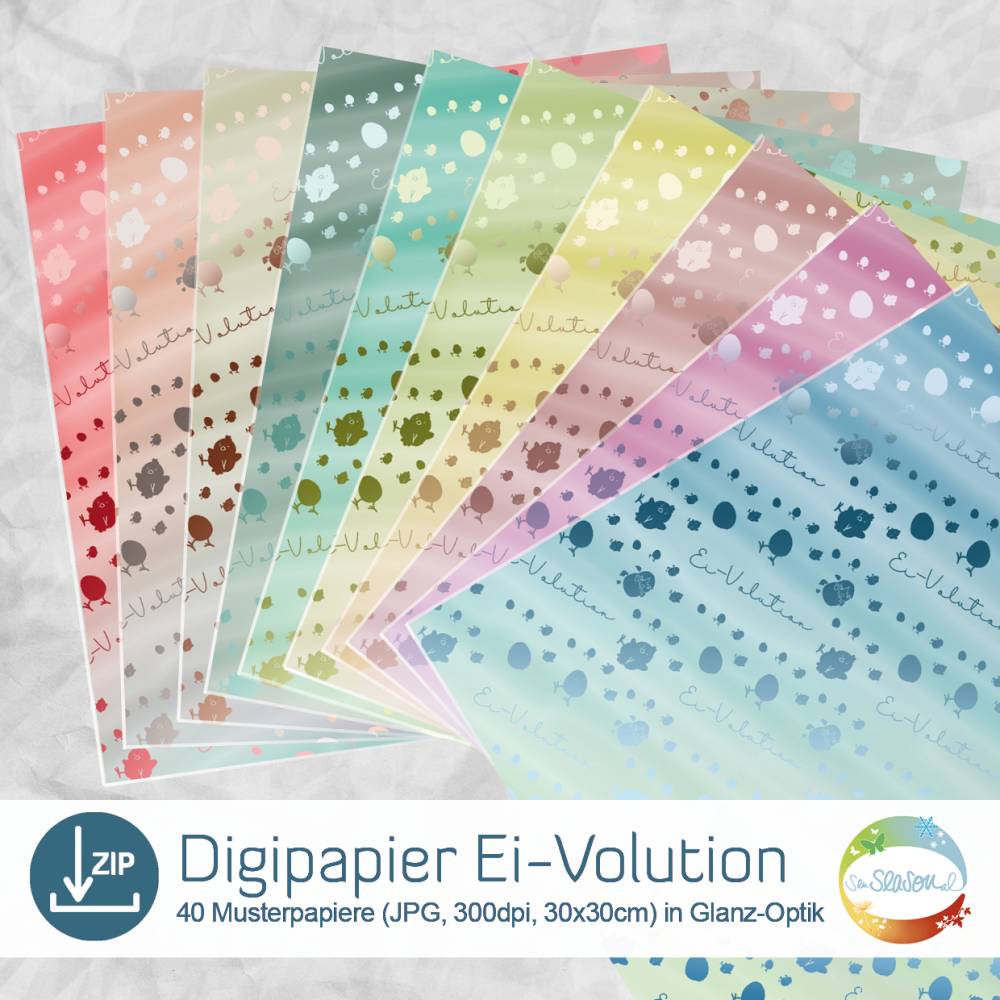 Digipapier Ei-Volution, frühlinghaftes Oster-Papier, 40 digitale Papiere für Ostern mit Küken, Ostereiern und Schriftzug Bild 1