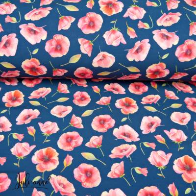 Softshell Meterware Mohnblumen Blumen auf Dunkelblau