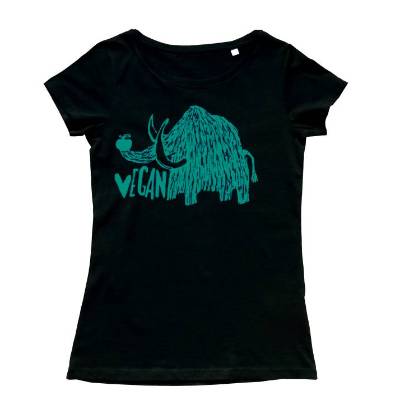 Vegan Mammut, Bio Fairtrade T-Shirt Frauen, schwarz, mit handgedrucktem Siebdruck.