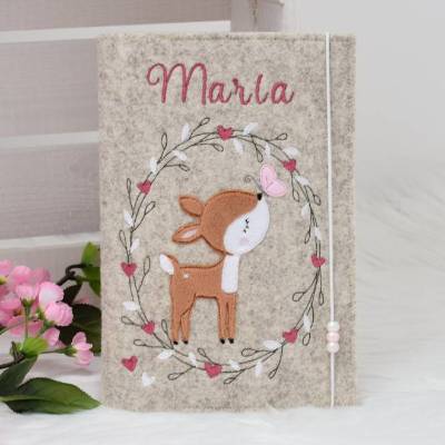 Personalisierte U-Heft Hülle Filz Reh Kitz – Geschenk zur Geburt, Mädchen, Wunschname