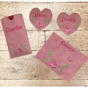 Stickdatei Set Mug Rug, Schokihülle & Anhänger mit Rose – Muttertag & Geburtstag – In the Hoop 13x18cm Bild 1