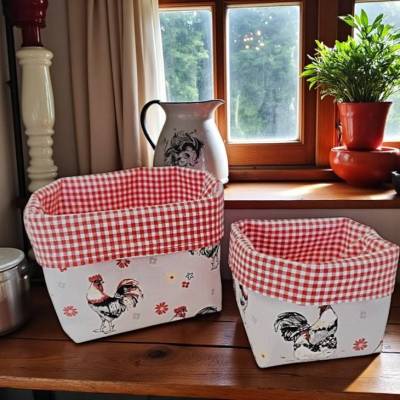 Stoffkörbchen im 2er Set, wendbar, Stoffkorb mit Hühner Motiv