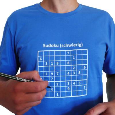 Sudoku Bio T-Shirt. Gr. S Männer, blau. Siebdruck handbedruckt