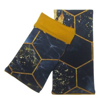 Armstulpen blau gold – Sechseck Muster, handgemacht, Sommersweat, Übergangszeit