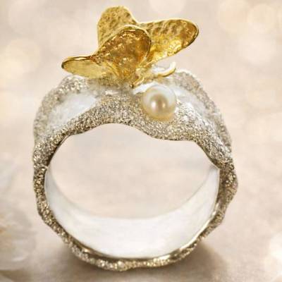 Goldschmiede Perlenring "Butterfly with pearl", Schmetterling, Ring mit Perle, Damenring, Silberschmuck