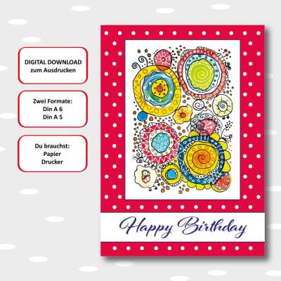 Geburtstagskarte Glückwunschkarte Geburtstag, jpg-Datei ausdrucken Download  A5 + A6, Kringel rot