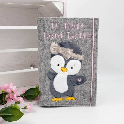 U-Heft Hülle Filz Mädchen Pinguin mit Wunschname, Untersuchungsheft, Umschlag, Geschenk Geburt, Vorsorgeheft, U Hefthüll