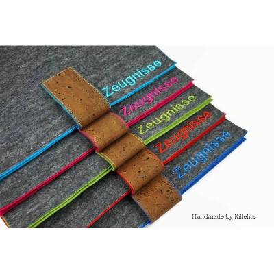 Graue Zeugnismappe personalisiert – Dokumentenmappe A4 aus Filz und Kork, Geschenk zur Einschulung