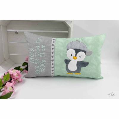 Namenskissen Pinguin – Personalisiertes Kuschelkissen zur Geburt, Taufe & Geburtstag