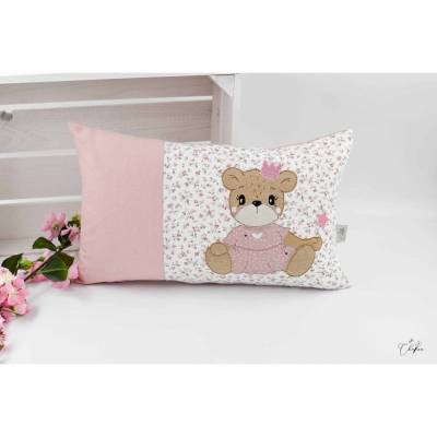 Kinderkissen mit Name – Namenskissen Bär Prinzessin, Kuschelkissen rosa Wunschname, Geschenk zur Geburt & Taufe