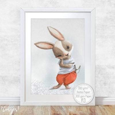 Babyzimmer Bilder [A3] Jungen Kinder-Zimmer-Bild Tiere Hasen Poster  | Fluffy Hugs
