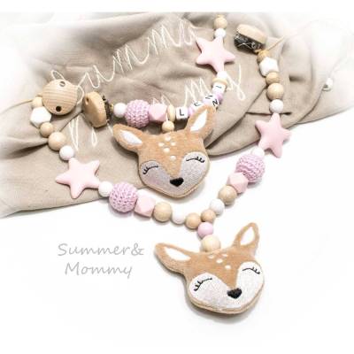 Kinderwagenkette Wagenkette einzeln oder als Spar Set natur Holz Schnullerkette Reh Rehe Geschenk