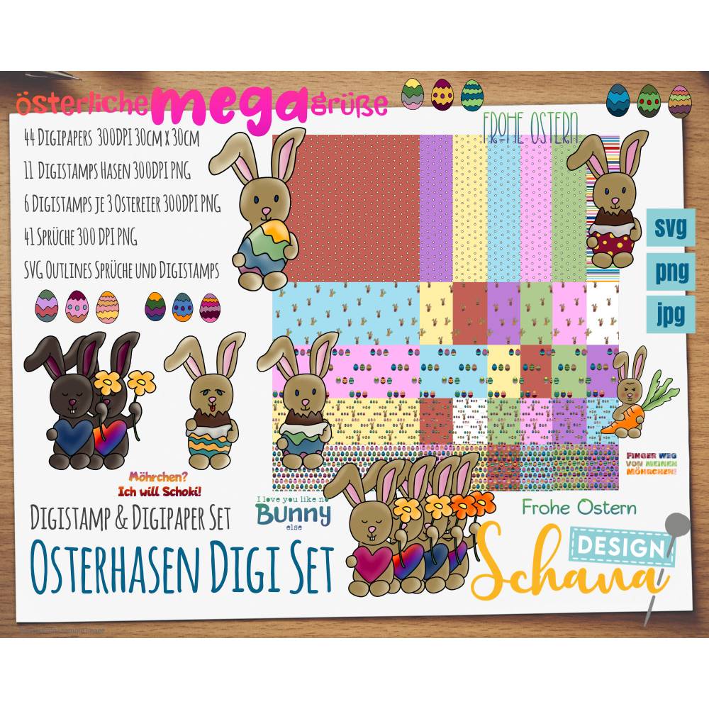 Ostern Osterhase Set Digistamps und Digipaper Plotterdatei Scrapbooking Basteln zu Ostern PNG JPG SVG Bild 1