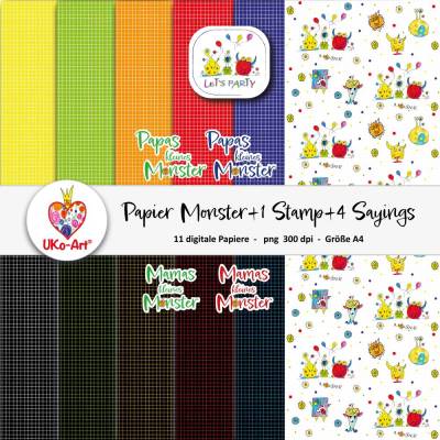 Scrapbookpapier zum Ausdrucken, Bastelpapier Motivpapiere, Digipapier kleine Monster mit Digistamp
