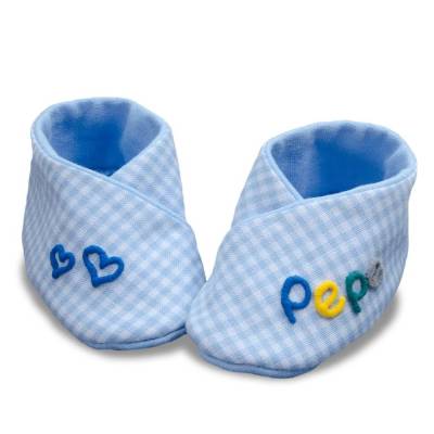 Babyschuhe blau kariert mit Namen personalisiertes Taufgeschenk Geschenk zur Geburt für Jungen