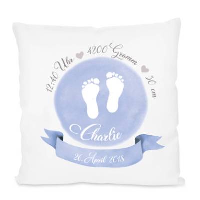 Personalisiertes Kissen für Babys zur Geburt u. Taufe, Babygeschenk mit Geburtsdaten in Blau mit Fußabdrücken