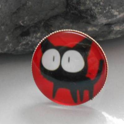 Versilberter Katzen-Statement-Ring rund mit Glascabochon – Fingerring One Size Ø 2,8 cm