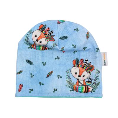 Wendebeanie Mütze "Indianer Fuchs" Denim Look Übergangszeit Frühling Ostern 
