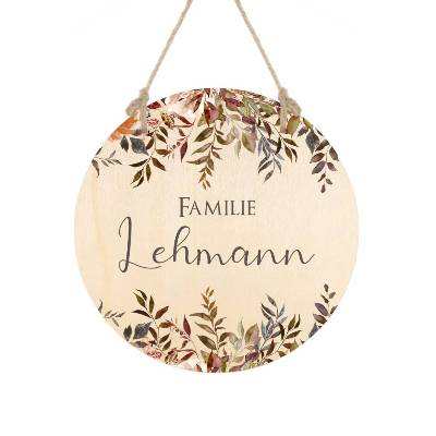 Rundes Türschild mit dem Namen der Familie aus Holz, Florales Familienschild für die Tür, Personalisiertes Holzschild