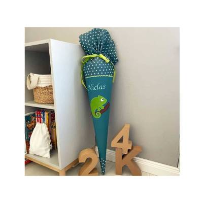 Schultüte Chamäleon, Zuckertüte mit Namen bestickt für Step by Step Schulranzen in petrol