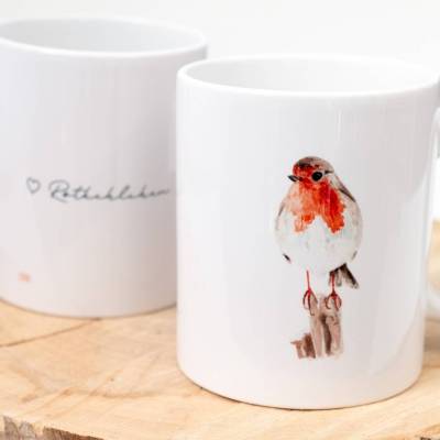 Rothkehlchen Frühstückstasse, Tasse mit Rotkehlchen, Kaffeetasse Personalisierbar, Geschenk zum Geburtstag und Ostern