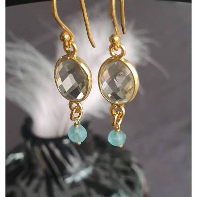 Ohrringe grüner Amethyst und blauer Apatit, Silber vergoldet