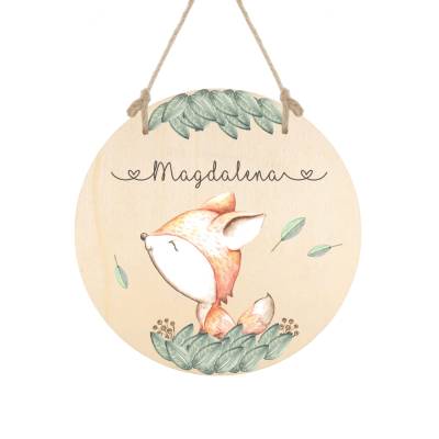 Namensschild für Kinder mit Fuchs und Namen, Rundes Türschild für das Kinderzimmer aus Holz für Mädchen u. Jungen