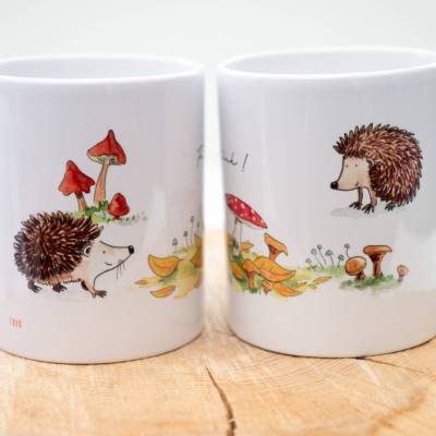 Frühstückstasse mit Igeln und Pilzen, Tasse Personalisierbar, Weihnachtsgeschenk Tasse