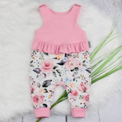 Gr. 56 Mädchen Strampler mit Rüschen Romper Blumen Flower weiß rosa pastell