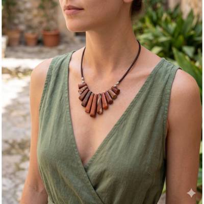 Statementkette Collier aus Picasso Jaspis, Leder & Edelstahl – Einzigartige Damenkette, ca. 50 cm